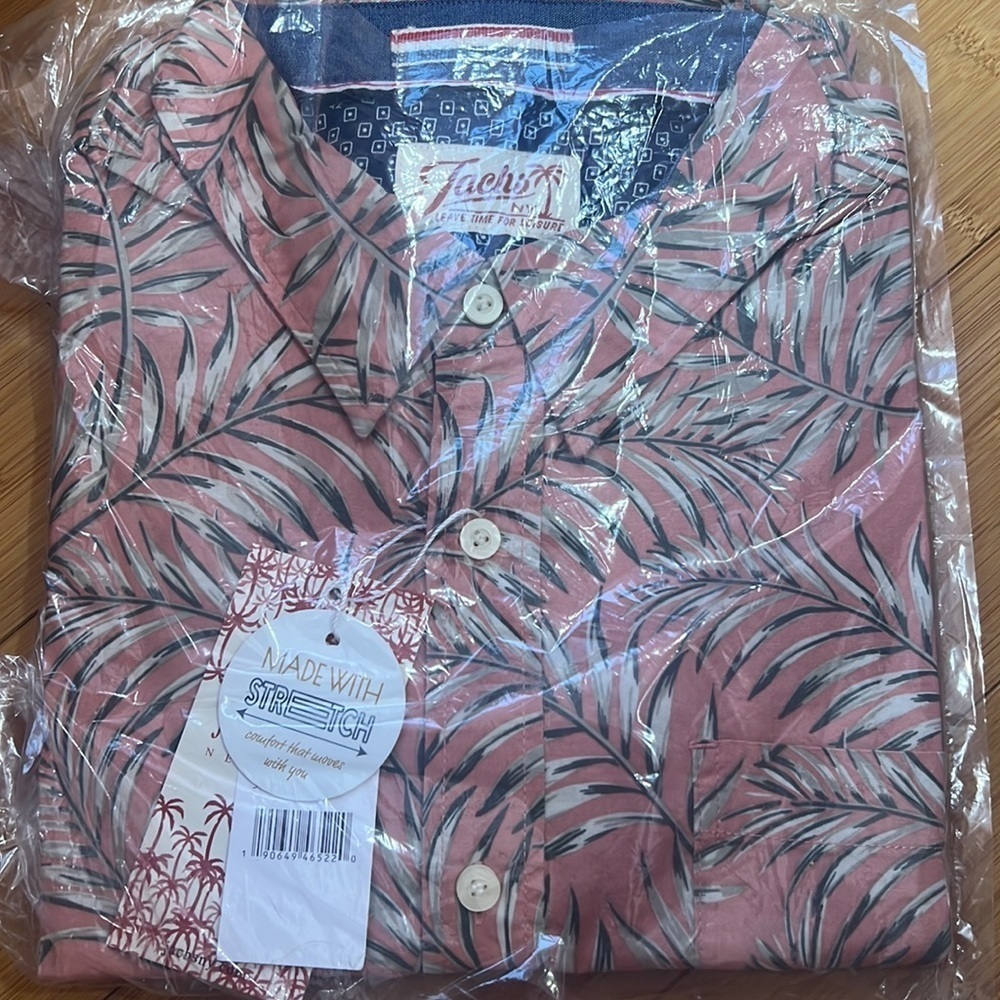 Jachs NY Stretch Casual Button Down Short Sleeve Shirt Red Leaf Print Large NWT - Picture 4 of 4
